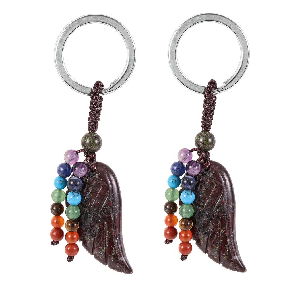 8697 2 pcs Crystal Angel Wing Keychains Quartz Stone Keyrings with 7 Chakra